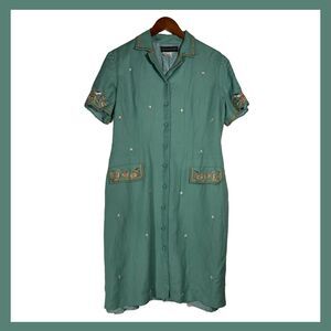 Vintage Donna Morgan Green Embroidered Linen Blend Button Front Dress M/L